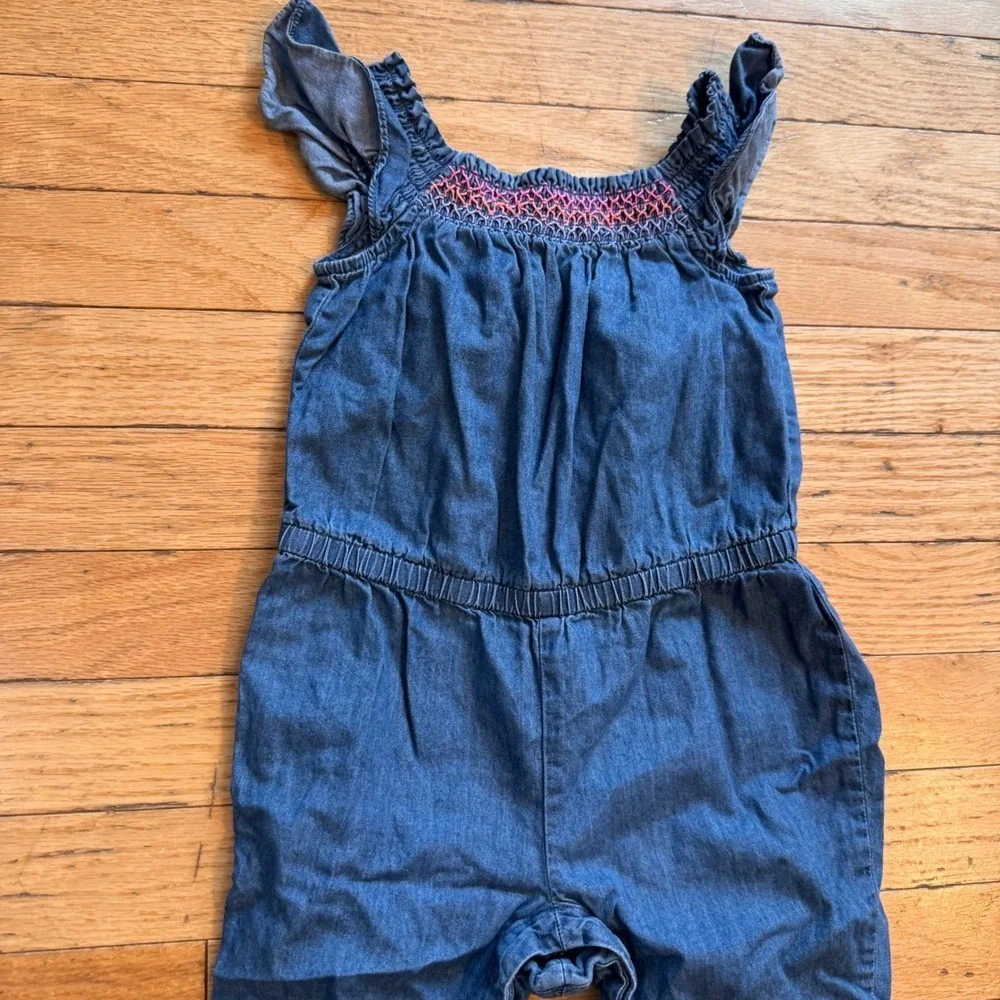 The Childrens Place Girls Denim Jumpsuit 3T Chambray Smocked Flutter Sleeve Blue